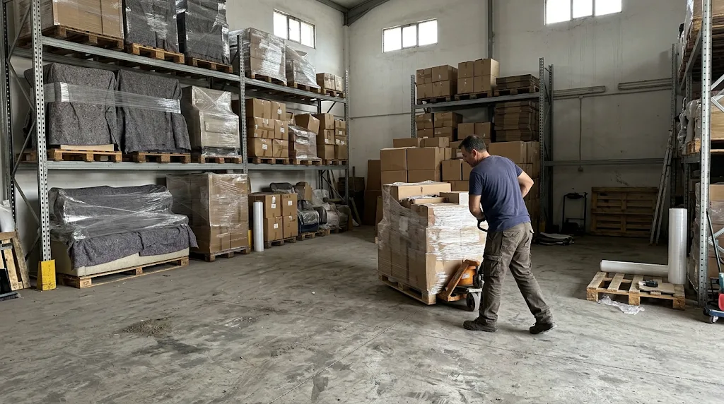Αποθήκευση οικοσκευής σε παλέτες σε αποθήκη