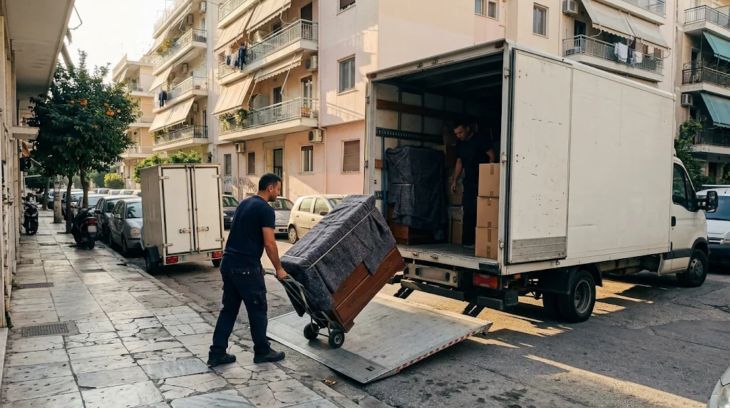Φόρτωση φορτηγού για μετακόμιση σε δρόμο της Αθήνας